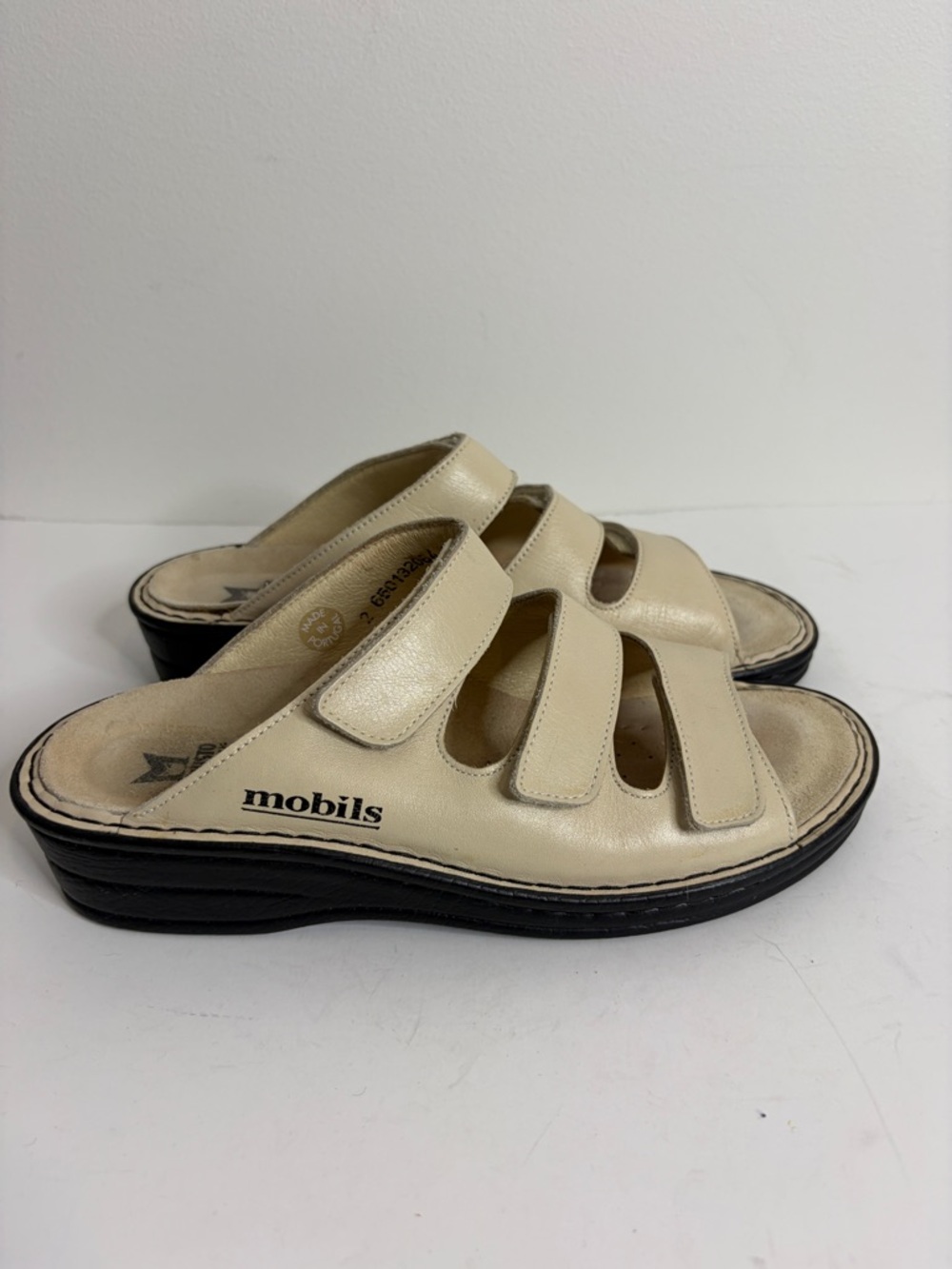 Mephisto Mobils Sandals Womens 40 US 10 Beige Leather 3 Strap Comfy Wedge Slides